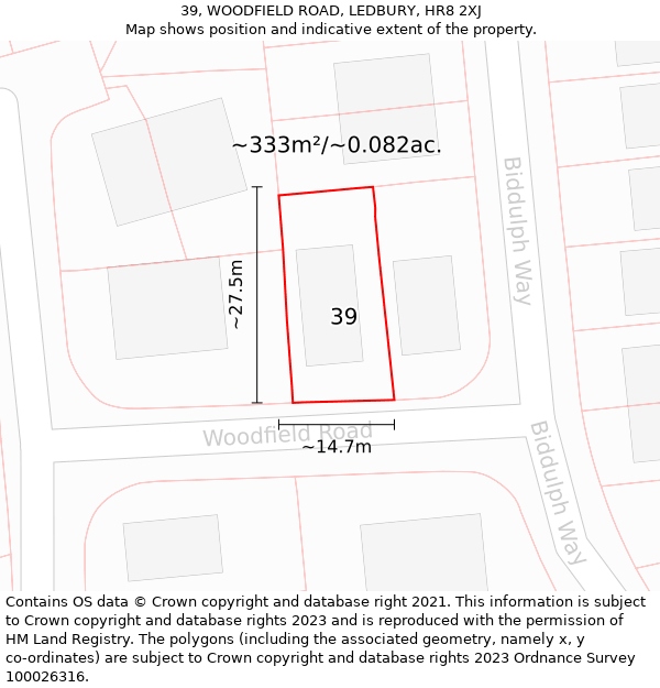 39, WOODFIELD ROAD, LEDBURY, HR8 2XJ: Plot and title map