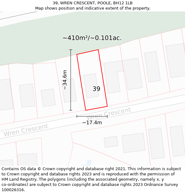 39, WREN CRESCENT, POOLE, BH12 1LB: Plot and title map