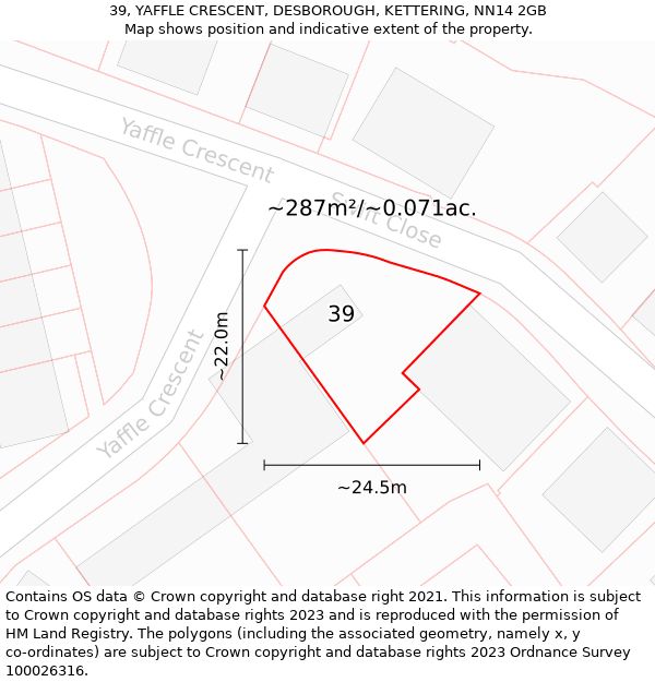 39, YAFFLE CRESCENT, DESBOROUGH, KETTERING, NN14 2GB: Plot and title map