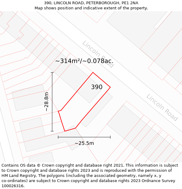 390, LINCOLN ROAD, PETERBOROUGH, PE1 2NA: Plot and title map