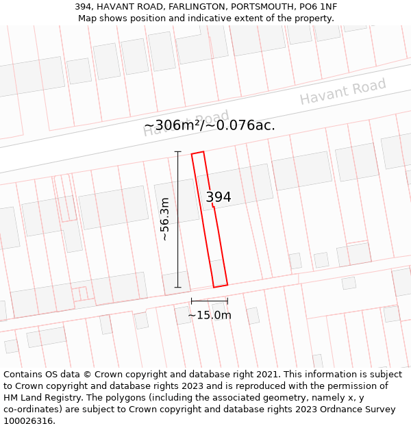 394, HAVANT ROAD, FARLINGTON, PORTSMOUTH, PO6 1NF: Plot and title map