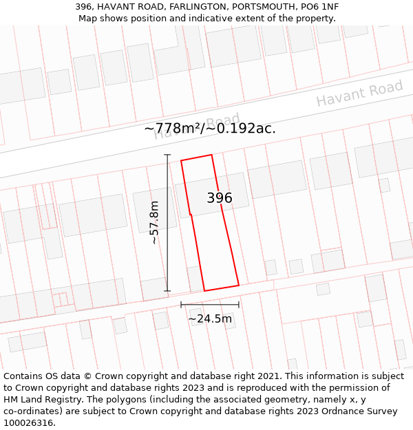 396, HAVANT ROAD, FARLINGTON, PORTSMOUTH, PO6 1NF: Plot and title map