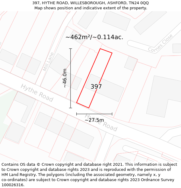 397, HYTHE ROAD, WILLESBOROUGH, ASHFORD, TN24 0QQ: Plot and title map