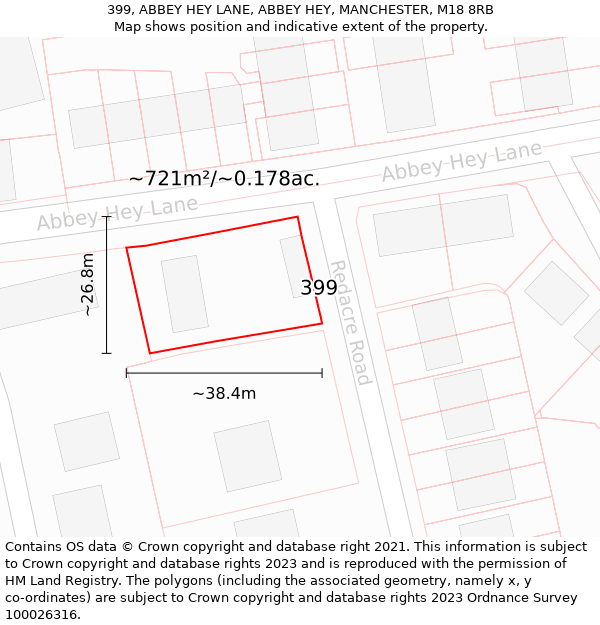 399, ABBEY HEY LANE, ABBEY HEY, MANCHESTER, M18 8RB: Plot and title map