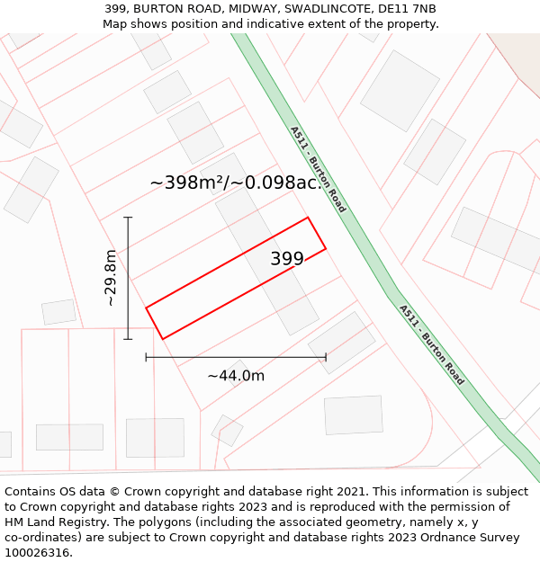 399, BURTON ROAD, MIDWAY, SWADLINCOTE, DE11 7NB: Plot and title map