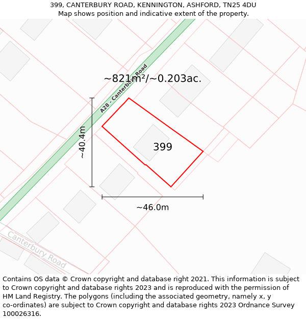 399, CANTERBURY ROAD, KENNINGTON, ASHFORD, TN25 4DU: Plot and title map