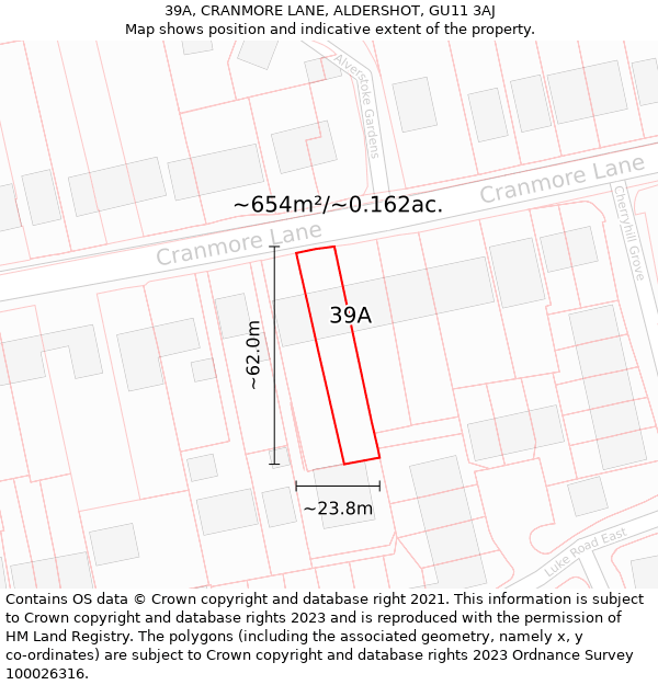 39A, CRANMORE LANE, ALDERSHOT, GU11 3AJ: Plot and title map