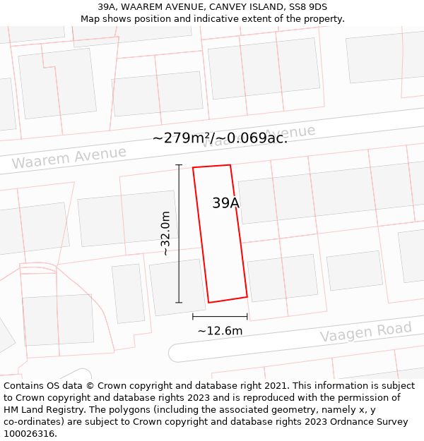 39A, WAAREM AVENUE, CANVEY ISLAND, SS8 9DS: Plot and title map