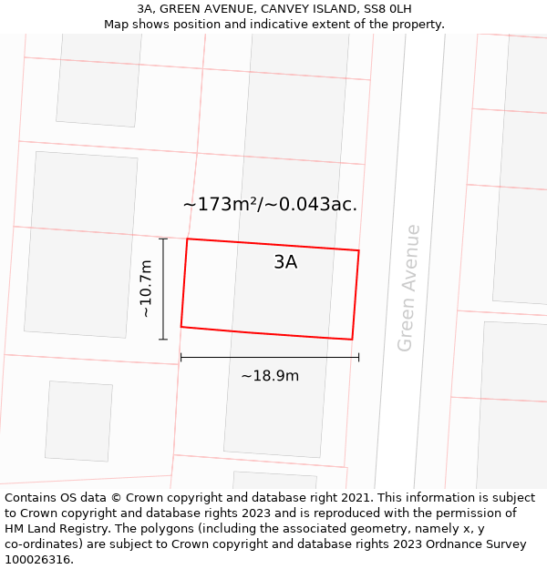 3A, GREEN AVENUE, CANVEY ISLAND, SS8 0LH: Plot and title map