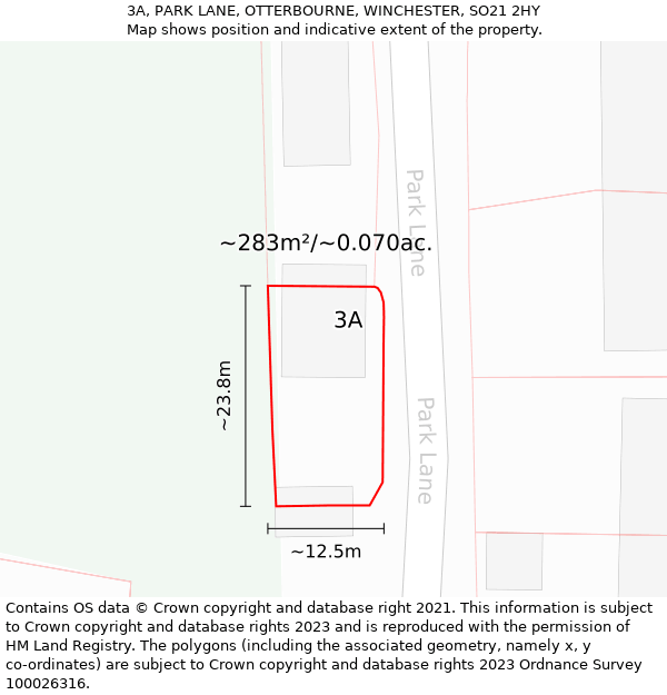 3A, PARK LANE, OTTERBOURNE, WINCHESTER, SO21 2HY: Plot and title map