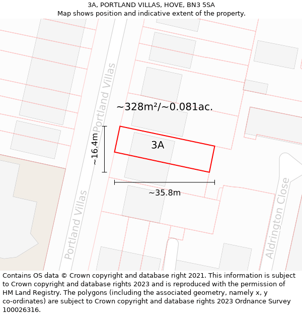 3A, PORTLAND VILLAS, HOVE, BN3 5SA: Plot and title map