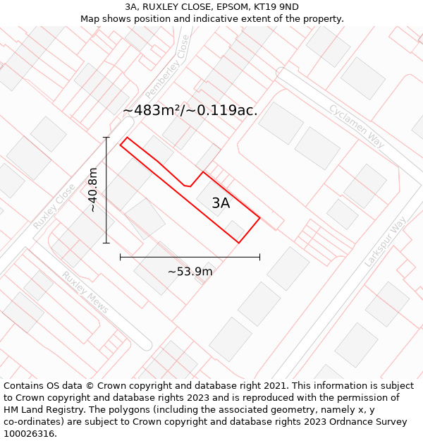 3A, RUXLEY CLOSE, EPSOM, KT19 9ND: Plot and title map