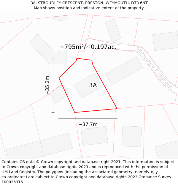 3A, STROUDLEY CRESCENT, PRESTON, WEYMOUTH, DT3 6NT: Plot and title map