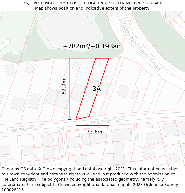 3A, UPPER NORTHAM CLOSE, HEDGE END, SOUTHAMPTON, SO30 4BB: Plot and title map