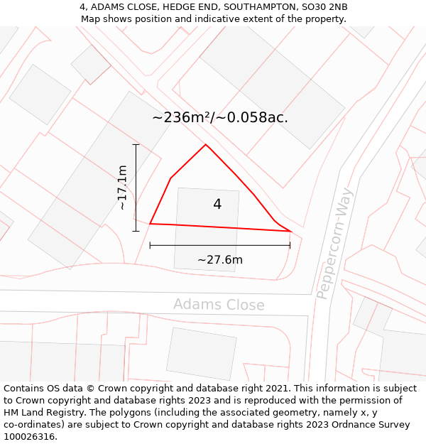 4, ADAMS CLOSE, HEDGE END, SOUTHAMPTON, SO30 2NB: Plot and title map