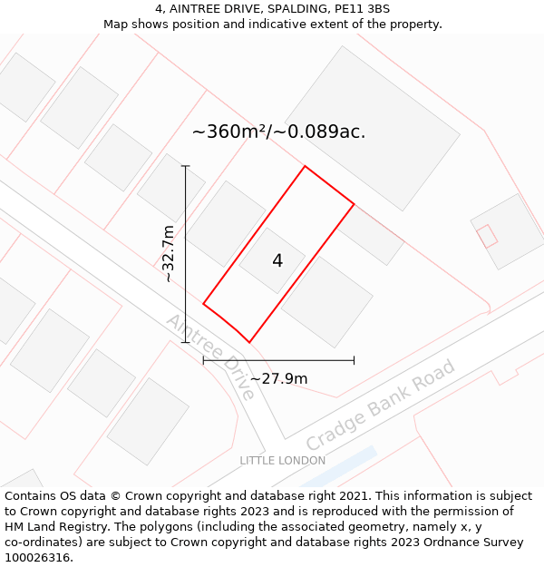 4, AINTREE DRIVE, SPALDING, PE11 3BS: Plot and title map