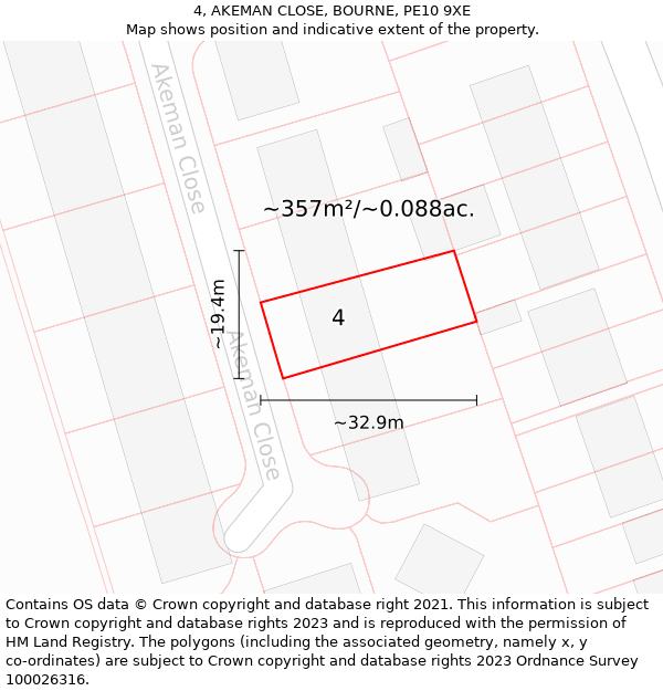 4, AKEMAN CLOSE, BOURNE, PE10 9XE: Plot and title map