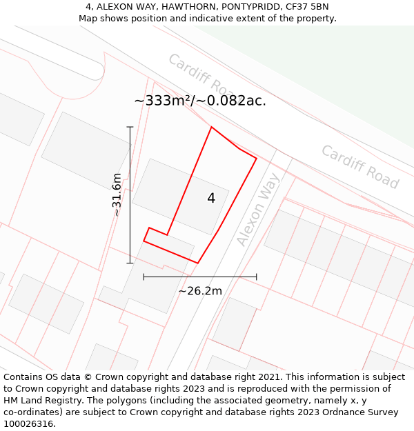 4, ALEXON WAY, HAWTHORN, PONTYPRIDD, CF37 5BN: Plot and title map