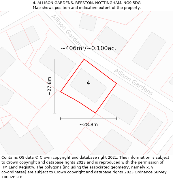 4, ALLISON GARDENS, BEESTON, NOTTINGHAM, NG9 5DG: Plot and title map