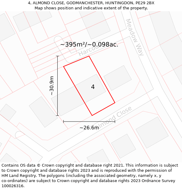 4, ALMOND CLOSE, GODMANCHESTER, HUNTINGDON, PE29 2BX: Plot and title map