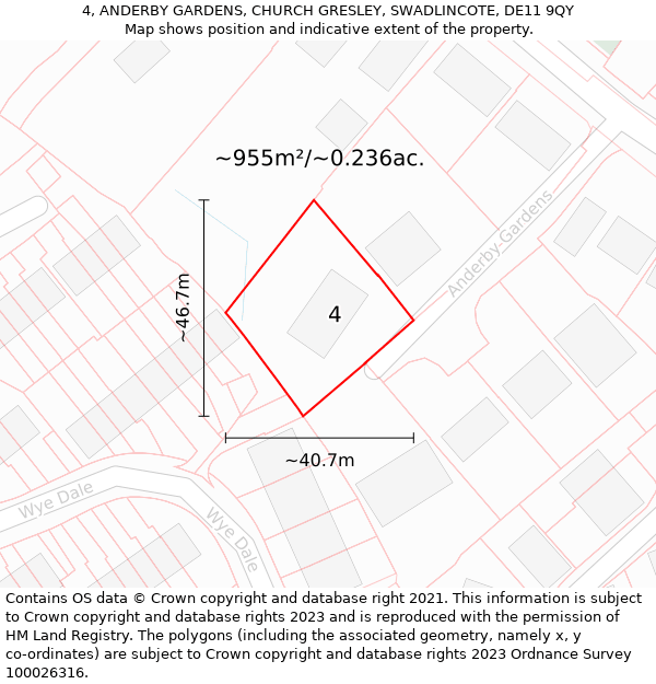 4, ANDERBY GARDENS, CHURCH GRESLEY, SWADLINCOTE, DE11 9QY: Plot and title map