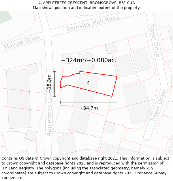 4, APPLETREES CRESCENT, BROMSGROVE, B61 0UA: Plot and title map