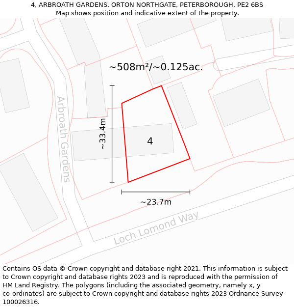 4, ARBROATH GARDENS, ORTON NORTHGATE, PETERBOROUGH, PE2 6BS: Plot and title map