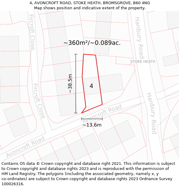 4, AVONCROFT ROAD, STOKE HEATH, BROMSGROVE, B60 4NG: Plot and title map