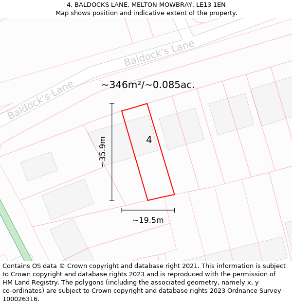 4, BALDOCKS LANE, MELTON MOWBRAY, LE13 1EN: Plot and title map