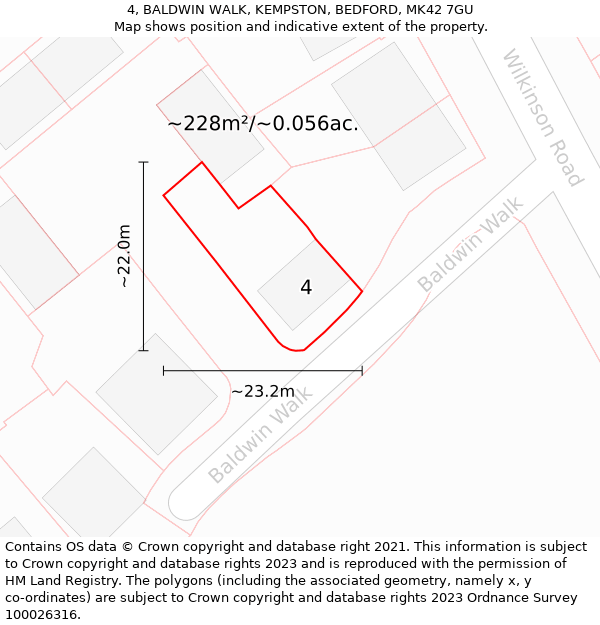 4, BALDWIN WALK, KEMPSTON, BEDFORD, MK42 7GU: Plot and title map