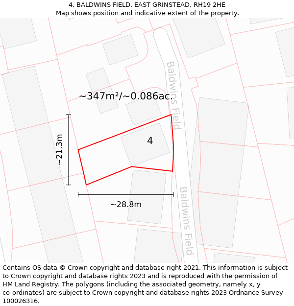 4, BALDWINS FIELD, EAST GRINSTEAD, RH19 2HE: Plot and title map