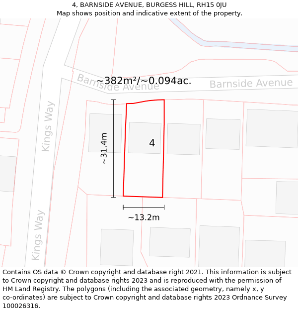 4, BARNSIDE AVENUE, BURGESS HILL, RH15 0JU: Plot and title map