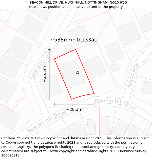 4, BEACON HILL DRIVE, HUCKNALL, NOTTINGHAM, NG15 6QG: Plot and title map