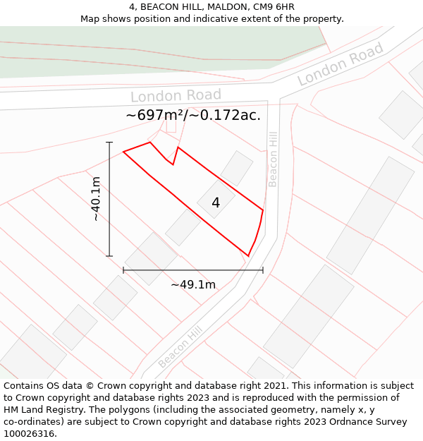 4, BEACON HILL, MALDON, CM9 6HR: Plot and title map