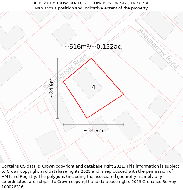 4, BEAUHARROW ROAD, ST LEONARDS-ON-SEA, TN37 7BL: Plot and title map