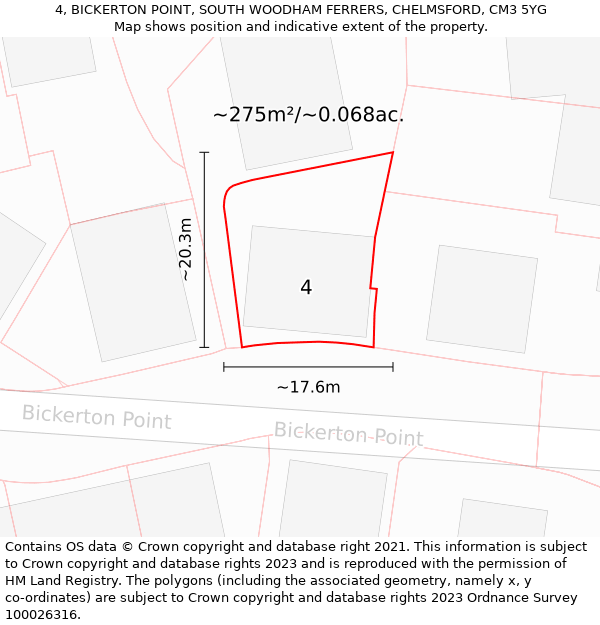 4, BICKERTON POINT, SOUTH WOODHAM FERRERS, CHELMSFORD, CM3 5YG: Plot and title map