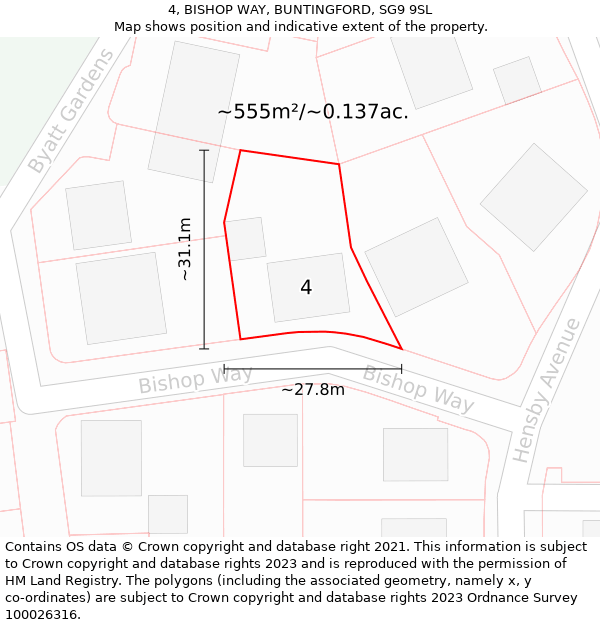 4, BISHOP WAY, BUNTINGFORD, SG9 9SL: Plot and title map