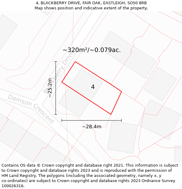 4, BLACKBERRY DRIVE, FAIR OAK, EASTLEIGH, SO50 8RB: Plot and title map