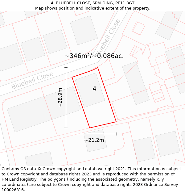 4, BLUEBELL CLOSE, SPALDING, PE11 3GT: Plot and title map