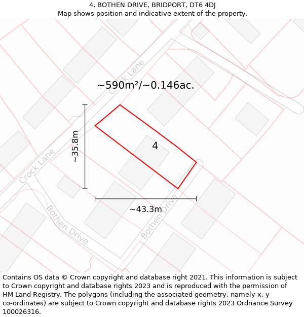 4, BOTHEN DRIVE, BRIDPORT, DT6 4DJ: Plot and title map