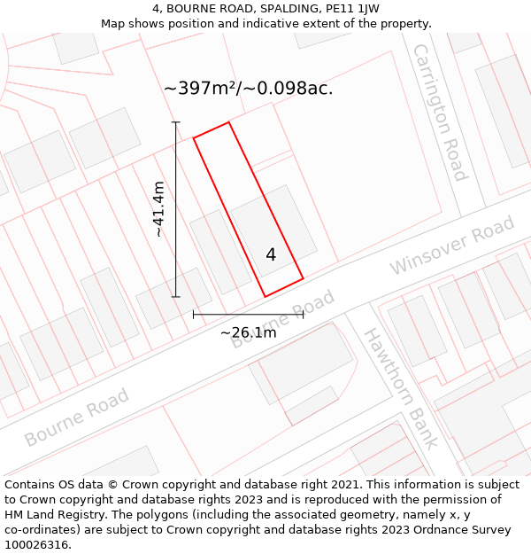 4, BOURNE ROAD, SPALDING, PE11 1JW: Plot and title map