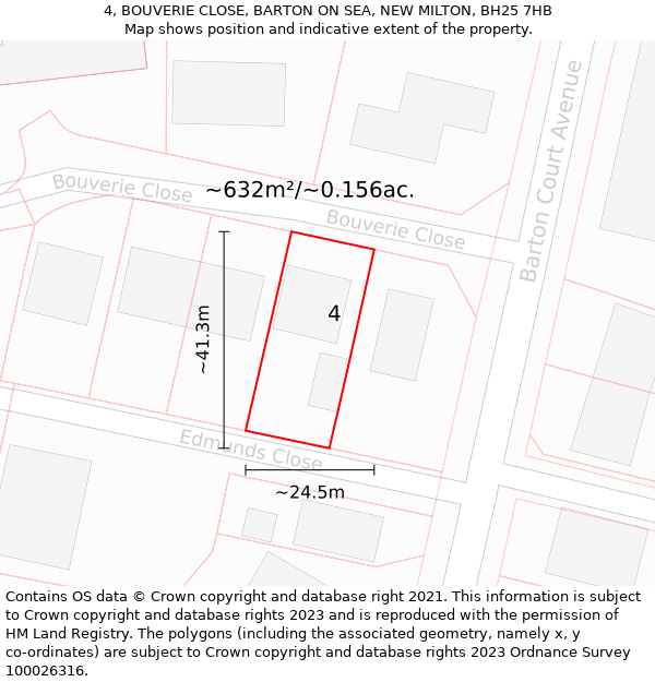 4, BOUVERIE CLOSE, BARTON ON SEA, NEW MILTON, BH25 7HB: Plot and title map