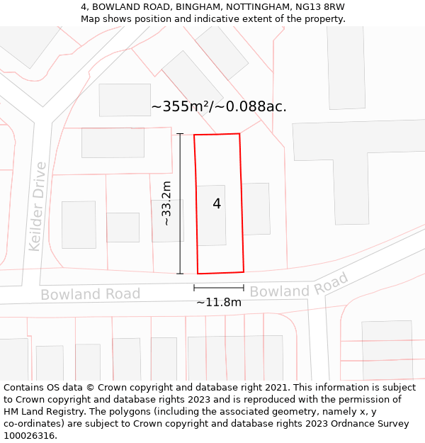 4, BOWLAND ROAD, BINGHAM, NOTTINGHAM, NG13 8RW: Plot and title map