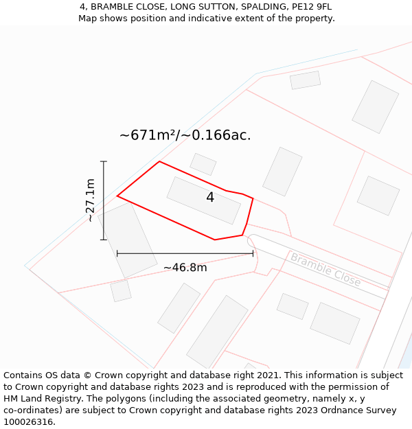 4, BRAMBLE CLOSE, LONG SUTTON, SPALDING, PE12 9FL: Plot and title map