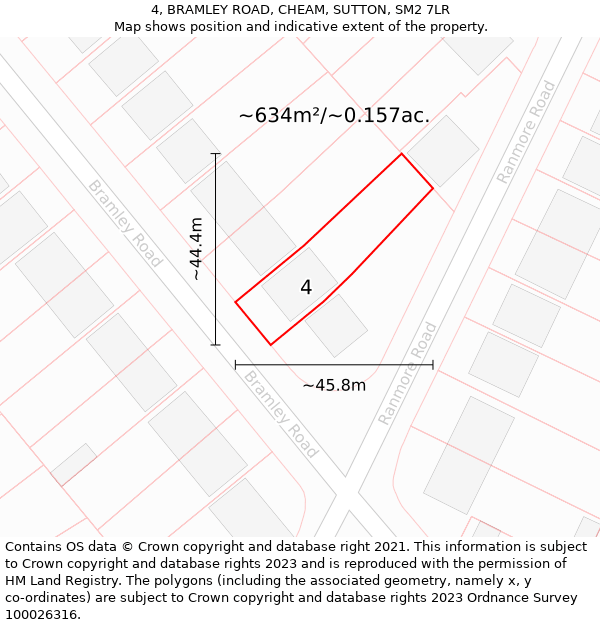 4, BRAMLEY ROAD, CHEAM, SUTTON, SM2 7LR: Plot and title map