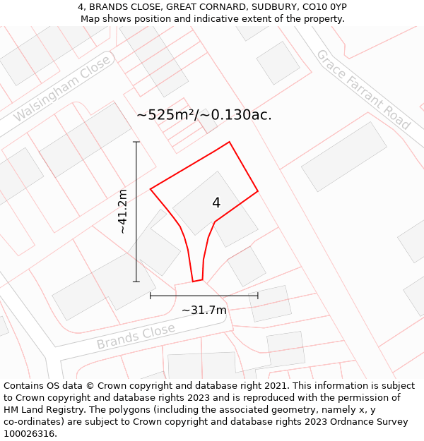 4, BRANDS CLOSE, GREAT CORNARD, SUDBURY, CO10 0YP: Plot and title map