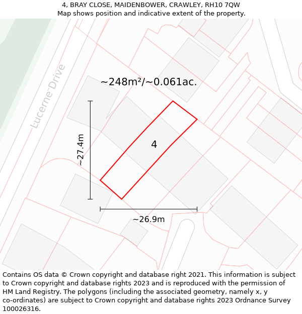 4, BRAY CLOSE, MAIDENBOWER, CRAWLEY, RH10 7QW: Plot and title map