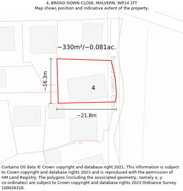 4, BROAD DOWN CLOSE, MALVERN, WR14 1FT: Plot and title map