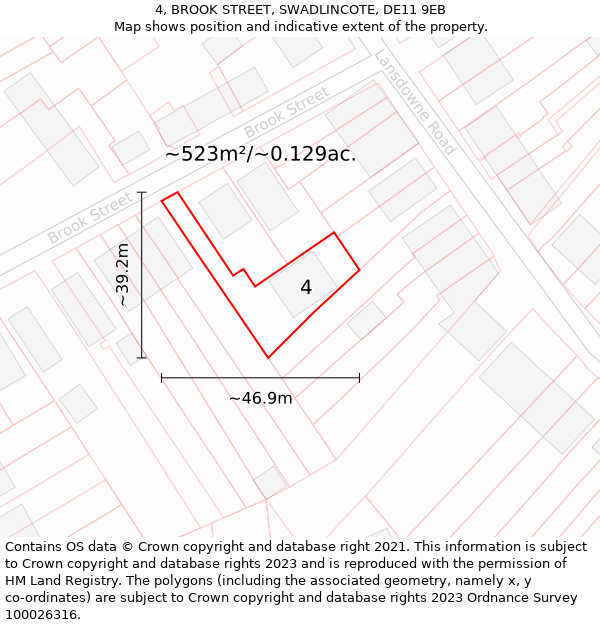 4, BROOK STREET, SWADLINCOTE, DE11 9EB: Plot and title map