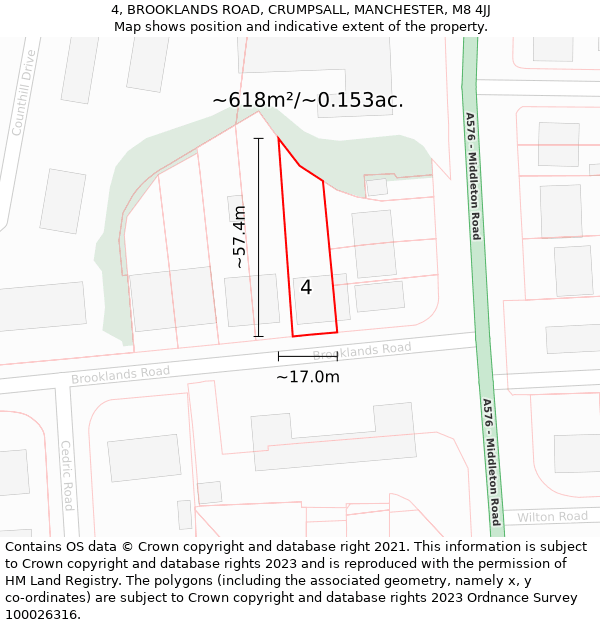 4, BROOKLANDS ROAD, CRUMPSALL, MANCHESTER, M8 4JJ: Plot and title map